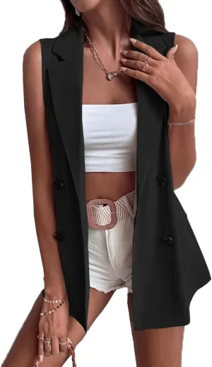 Women's Sleeveless Blazer Vest Summer Casual Open Front Cardigan Double Breasted Jacket with Pockets