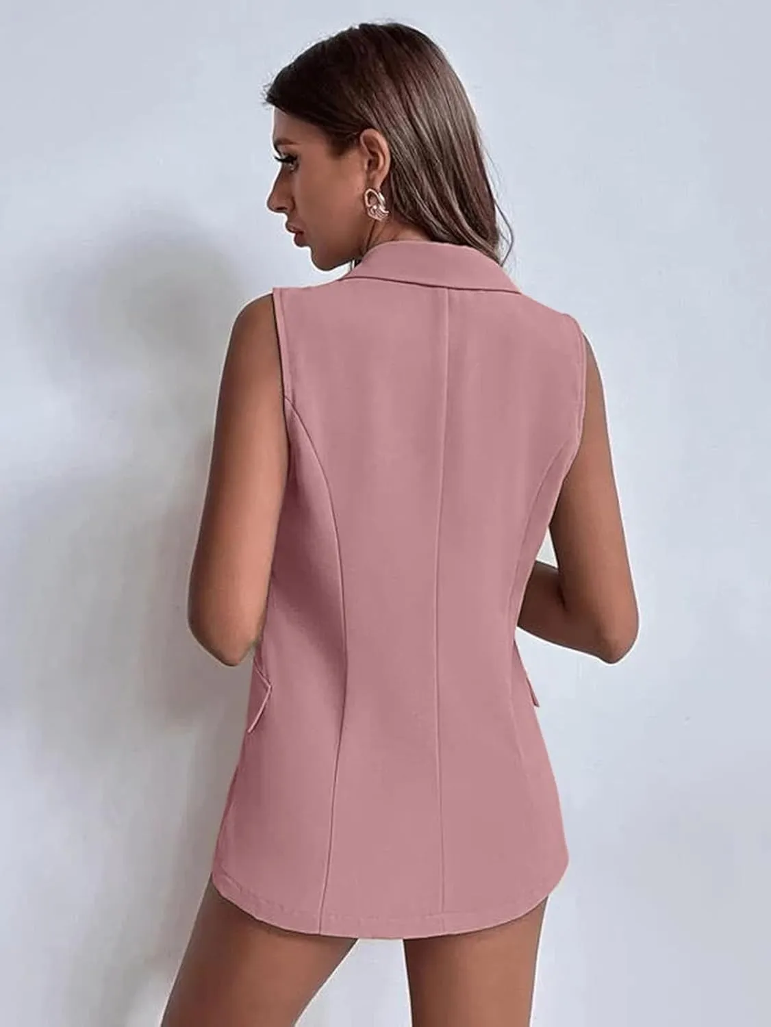 Women's Sleeveless Blazer Vest Summer Casual Open Front Cardigan Double Breasted Jacket with Pockets