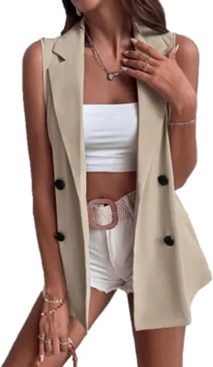Women's Sleeveless Blazer Vest Summer Casual Open Front Cardigan Double Breasted Jacket with Pockets
