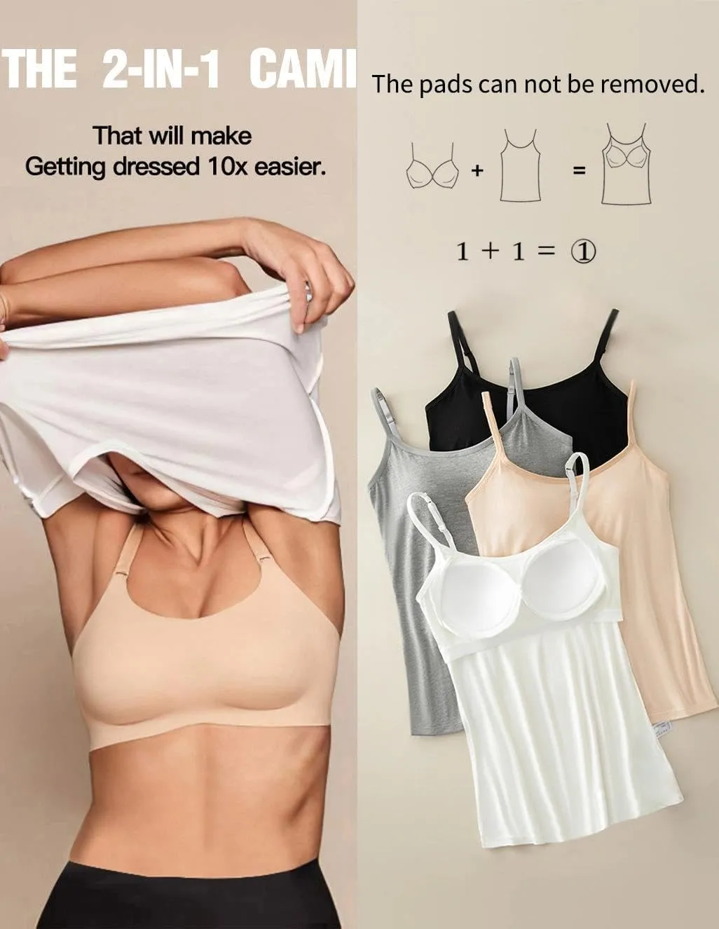 Womens Tank Tops Adjustable Strap Camisole with Built in Padded Bra Vest Sleeveless Layer Top 1/2/3 Packs