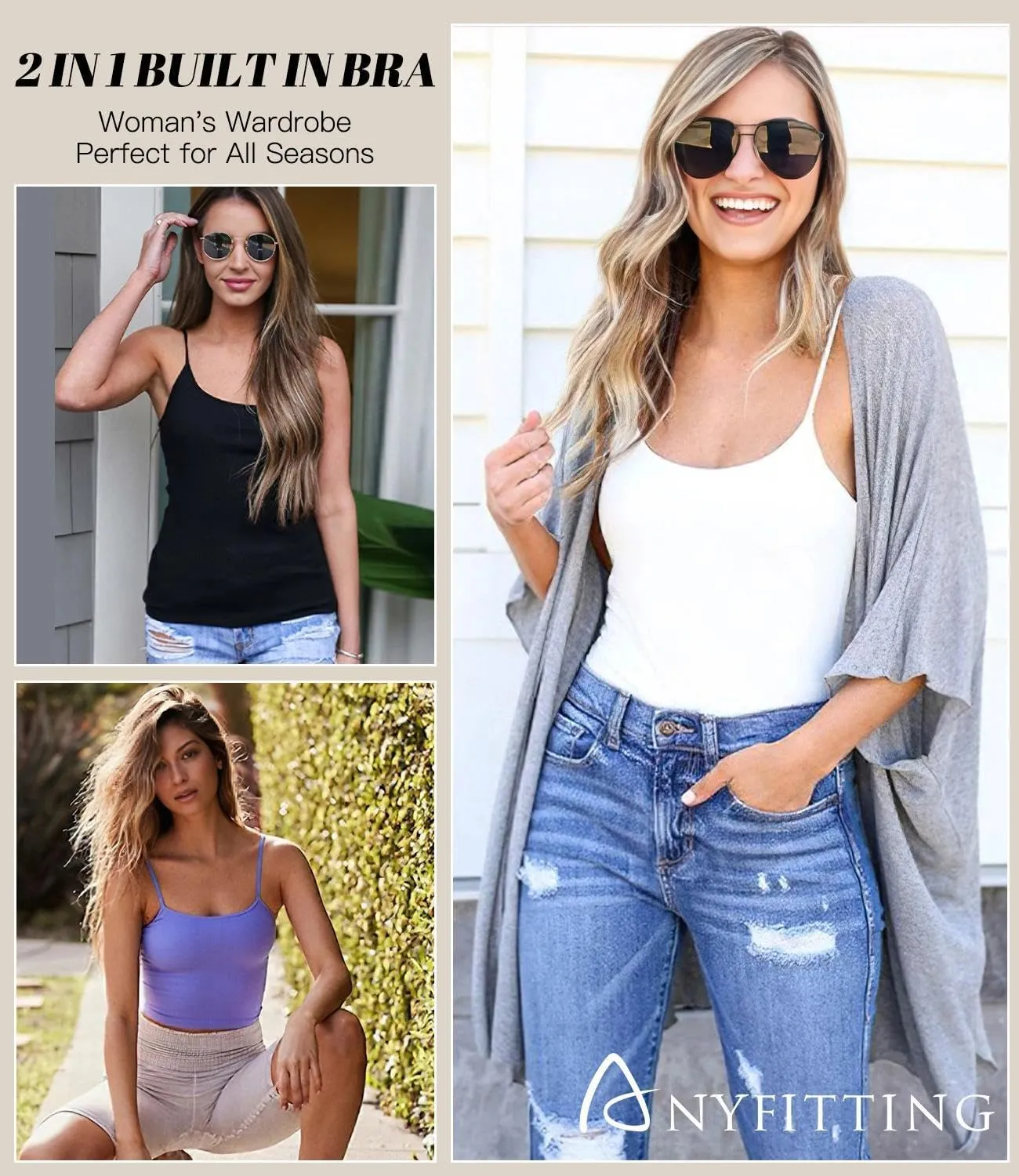 Womens Tank Tops Adjustable Strap Camisole with Built in Padded Bra Vest Sleeveless Layer Top 1/2/3 Packs