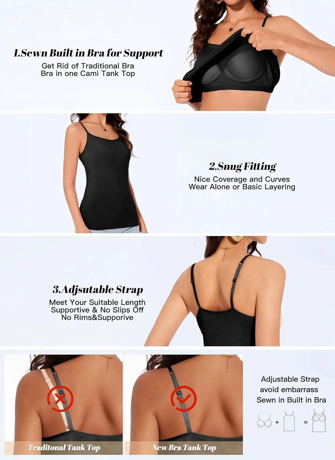 Womens Tank Tops Adjustable Strap Camisole with Built in Padded Bra Vest Sleeveless Layer Top 1/2/3 Packs
