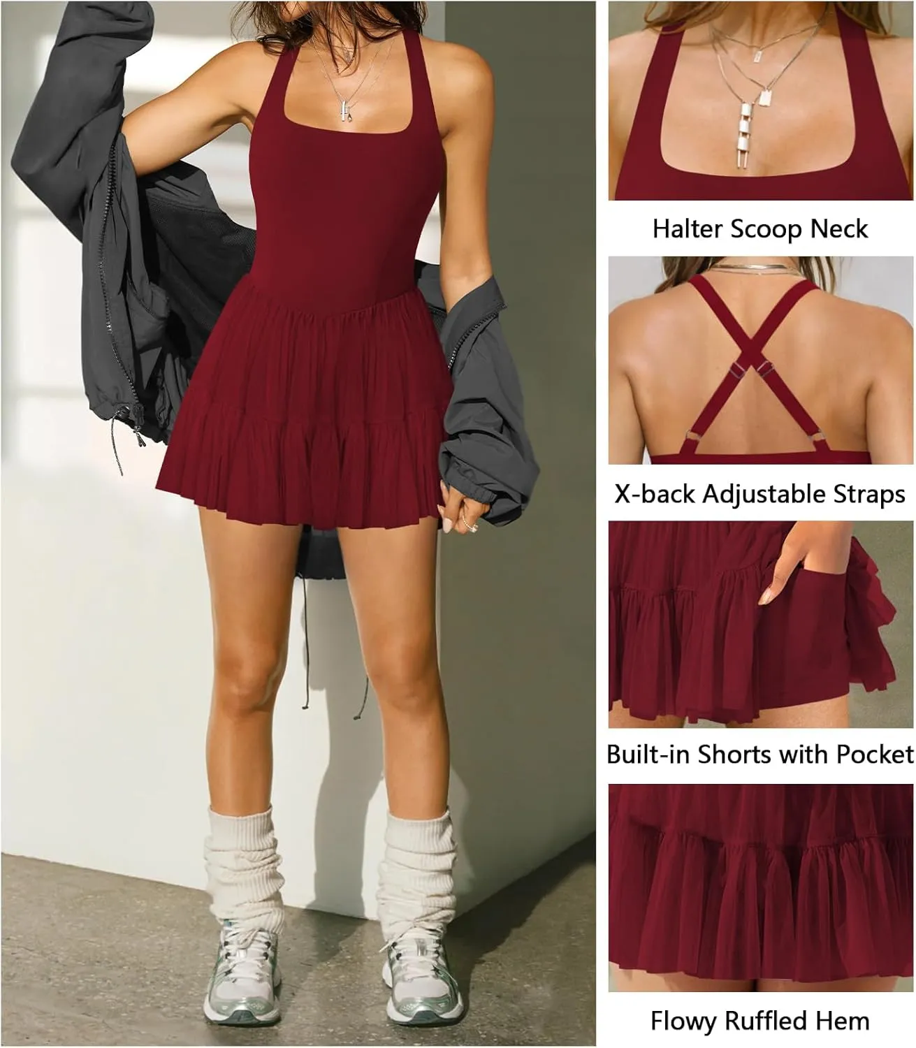Women's Tennis Flowy Pleated Ruffle Athletic Dress for Women Halter Neck Sleeveless Summer Mini Golf Dress with Shorts Pocket
