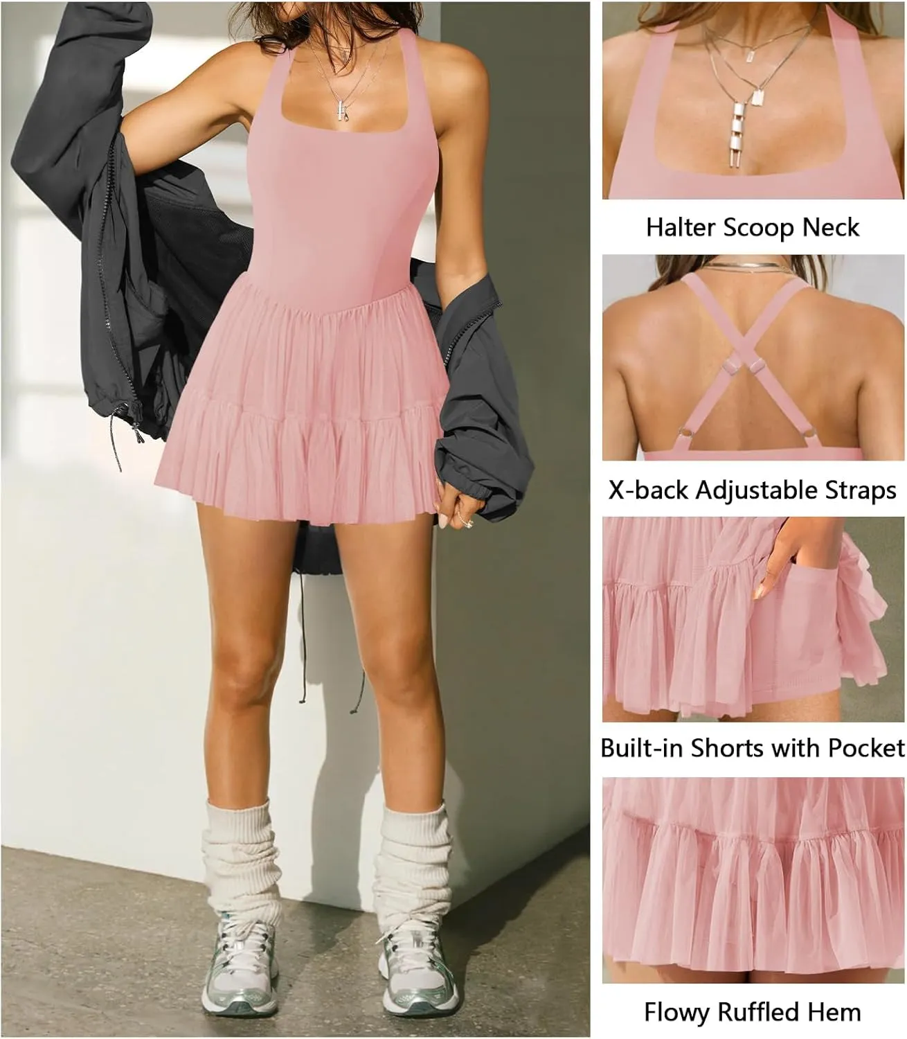 Women's Tennis Flowy Pleated Ruffle Athletic Dress for Women Halter Neck Sleeveless Summer Mini Golf Dress with Shorts Pocket