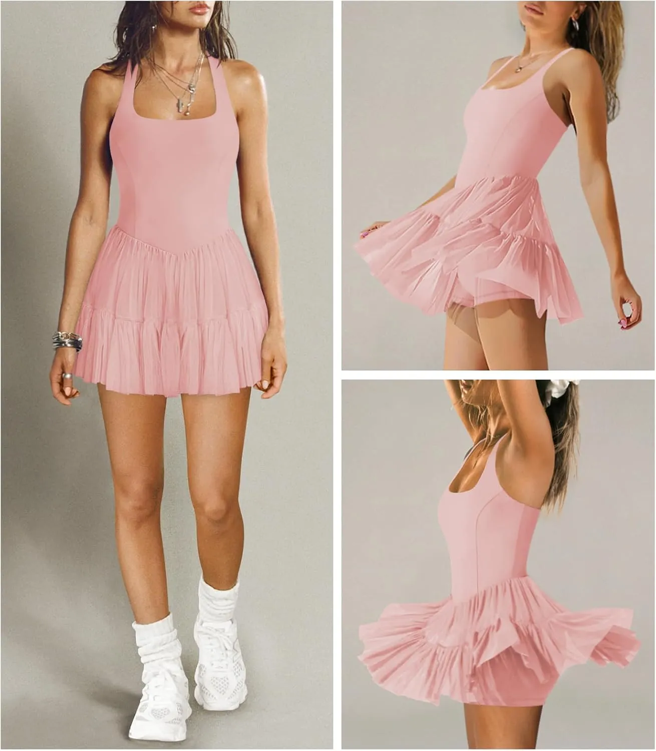 Women's Tennis Flowy Pleated Ruffle Athletic Dress for Women Halter Neck Sleeveless Summer Mini Golf Dress with Shorts Pocket