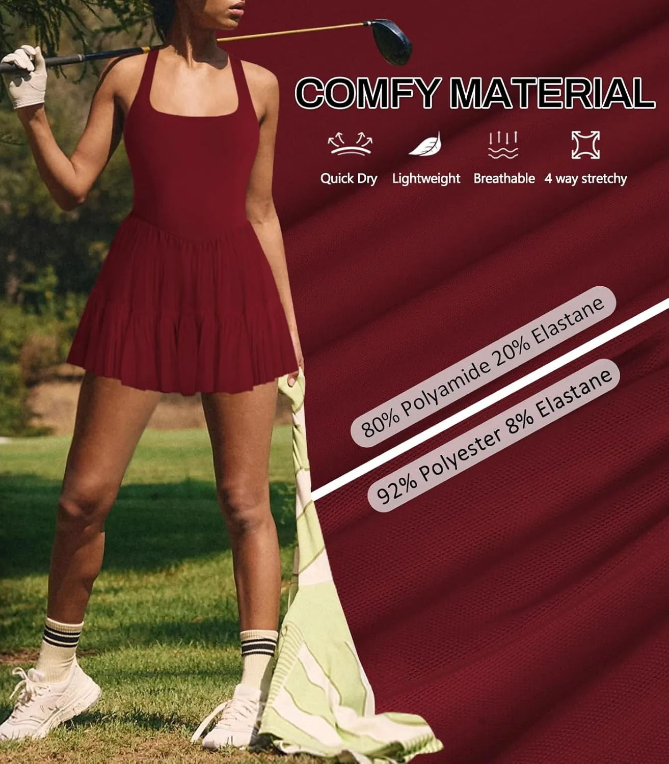 Women's Tennis Flowy Pleated Ruffle Athletic Dress for Women Halter Neck Sleeveless Summer Mini Golf Dress with Shorts Pocket