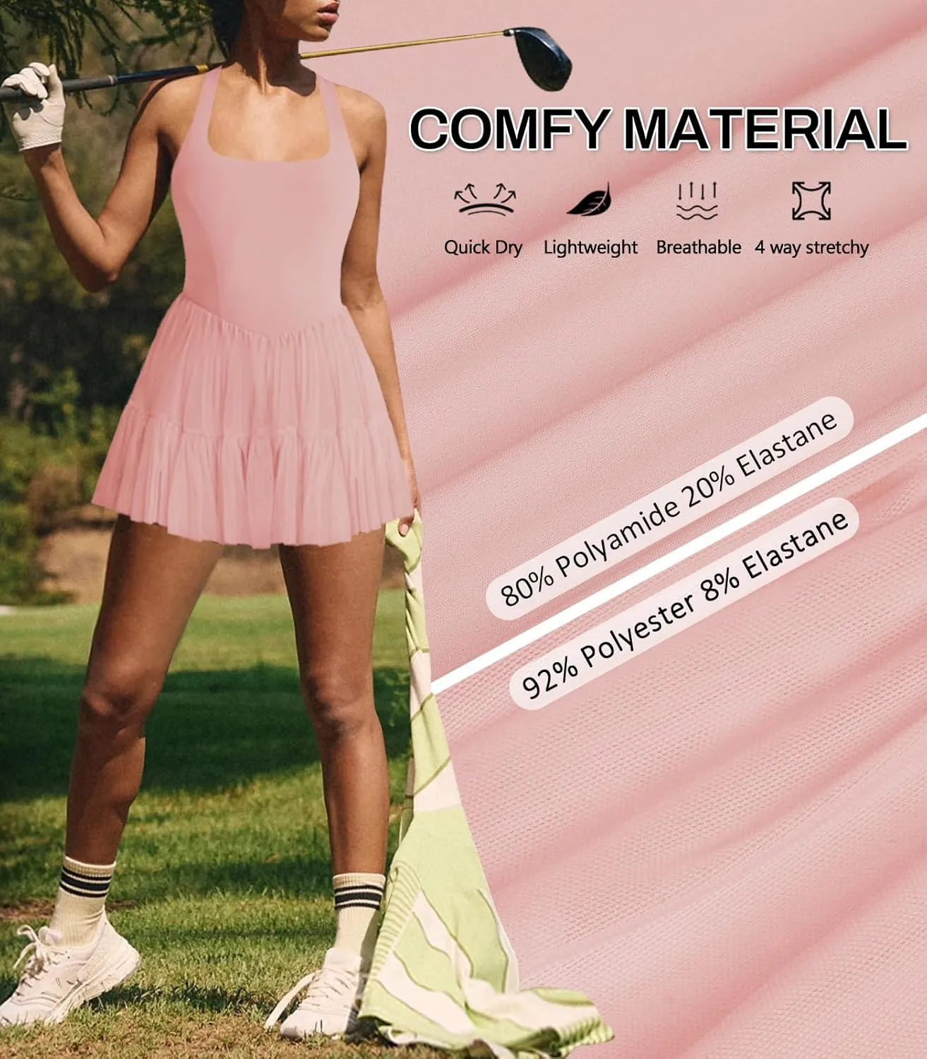 Women's Tennis Flowy Pleated Ruffle Athletic Dress for Women Halter Neck Sleeveless Summer Mini Golf Dress with Shorts Pocket
