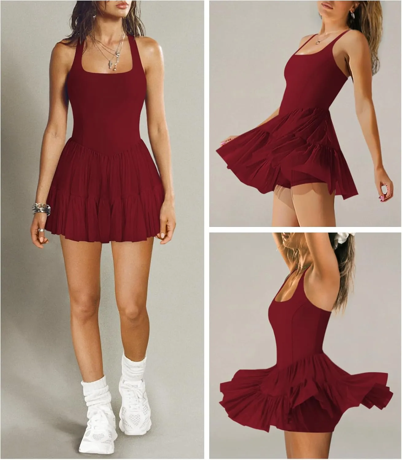 Women's Tennis Flowy Pleated Ruffle Athletic Dress for Women Halter Neck Sleeveless Summer Mini Golf Dress with Shorts Pocket