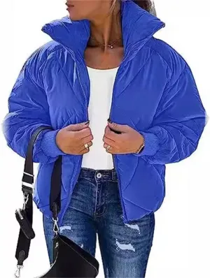 Women's Winter Long Sleeve Zipper Warm Quilted Short Cotton-Padded Jacket Fashion Stand Collar Puffer Coat