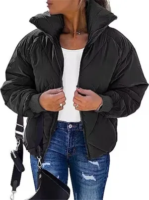 Women's Winter Long Sleeve Zipper Warm Quilted Short Cotton-Padded Jacket Fashion Stand Collar Puffer Coat