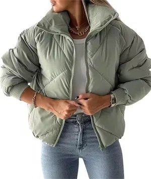 Women's Winter Long Sleeve Zipper Warm Quilted Short Cotton-Padded Jacket Fashion Stand Collar Puffer Coat