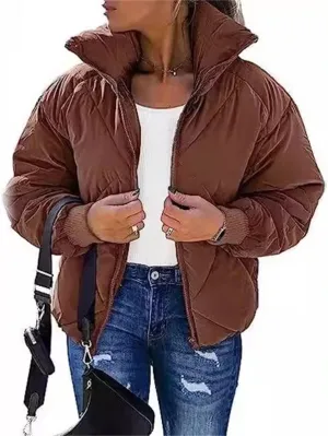 Women's Winter Long Sleeve Zipper Warm Quilted Short Cotton-Padded Jacket Fashion Stand Collar Puffer Coat
