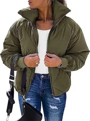 Women's Winter Long Sleeve Zipper Warm Quilted Short Cotton-Padded Jacket Fashion Stand Collar Puffer Coat