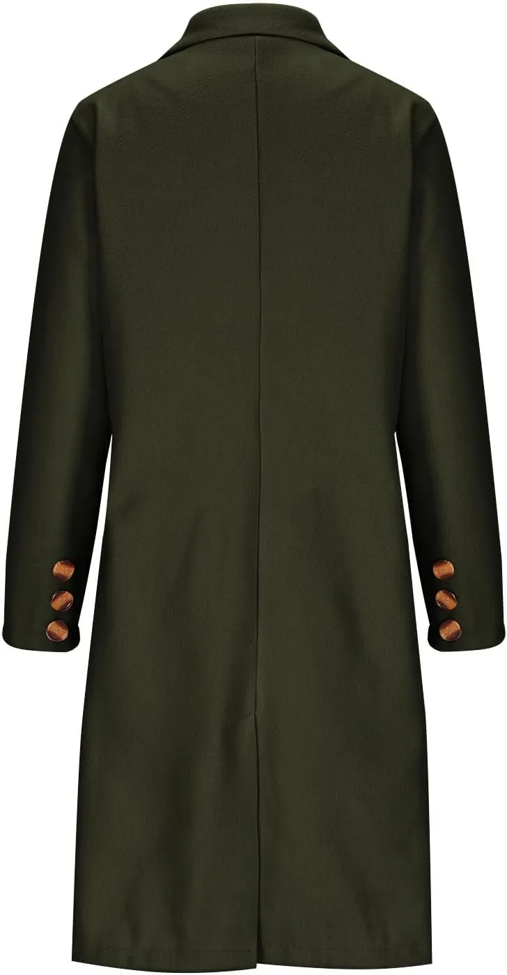 Womens Winter Mid Long Trench Coat Winter Lapel Double Breasted Long Pea Coat Casual Work Office Overcoat with Pocket