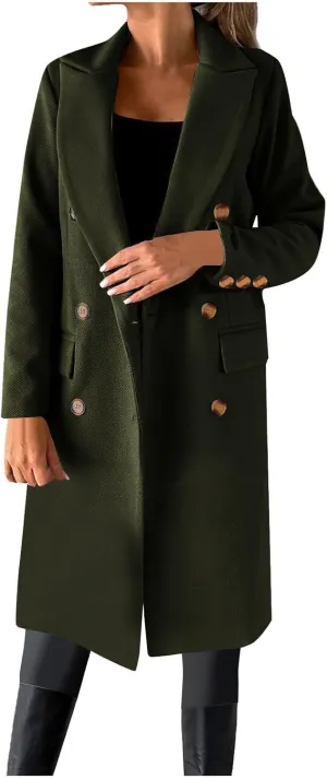 Womens Winter Mid Long Trench Coat Winter Lapel Double Breasted Long Pea Coat Casual Work Office Overcoat with Pocket