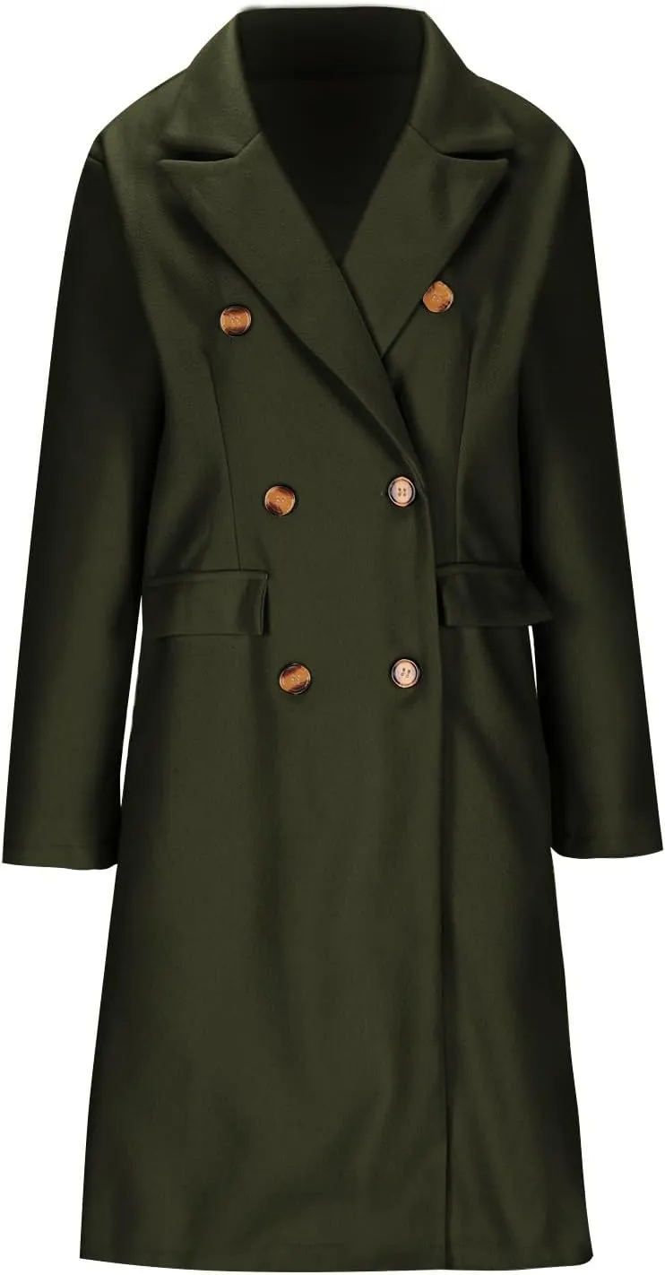 Womens Winter Mid Long Trench Coat Winter Lapel Double Breasted Long Pea Coat Casual Work Office Overcoat with Pocket
