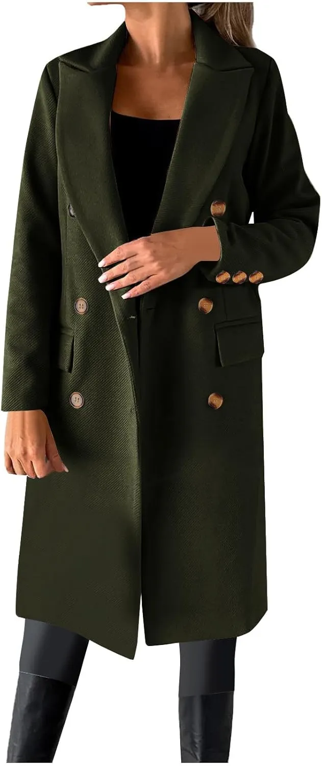 Womens Winter Mid Long Trench Coat Winter Lapel Double Breasted Long Pea Coat Casual Work Office Overcoat with Pocket