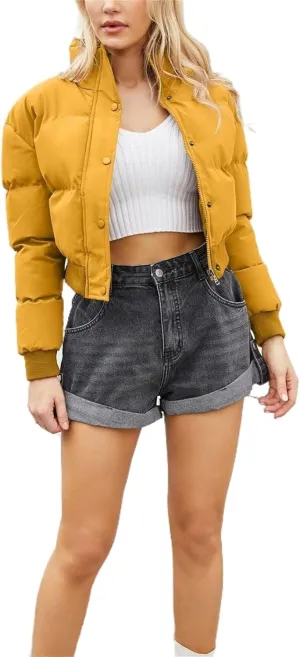 Women's Winter Short Cotton-Padded Coat Long Sleeve High-Neck Warm Coat Loose Casual Zipper Down Coat
