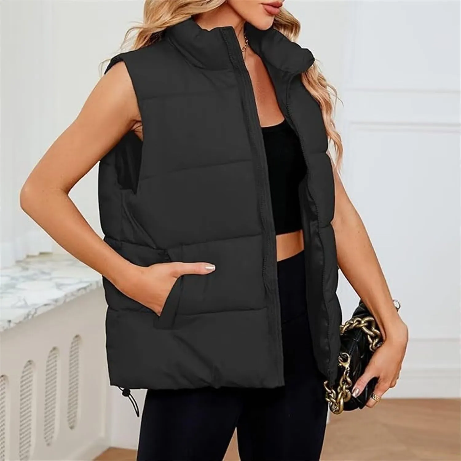 Women's Winter Sleeveless Padded Jacket Medium Long Standing Collar Warm Cotton Vest Thicken Waistcoat