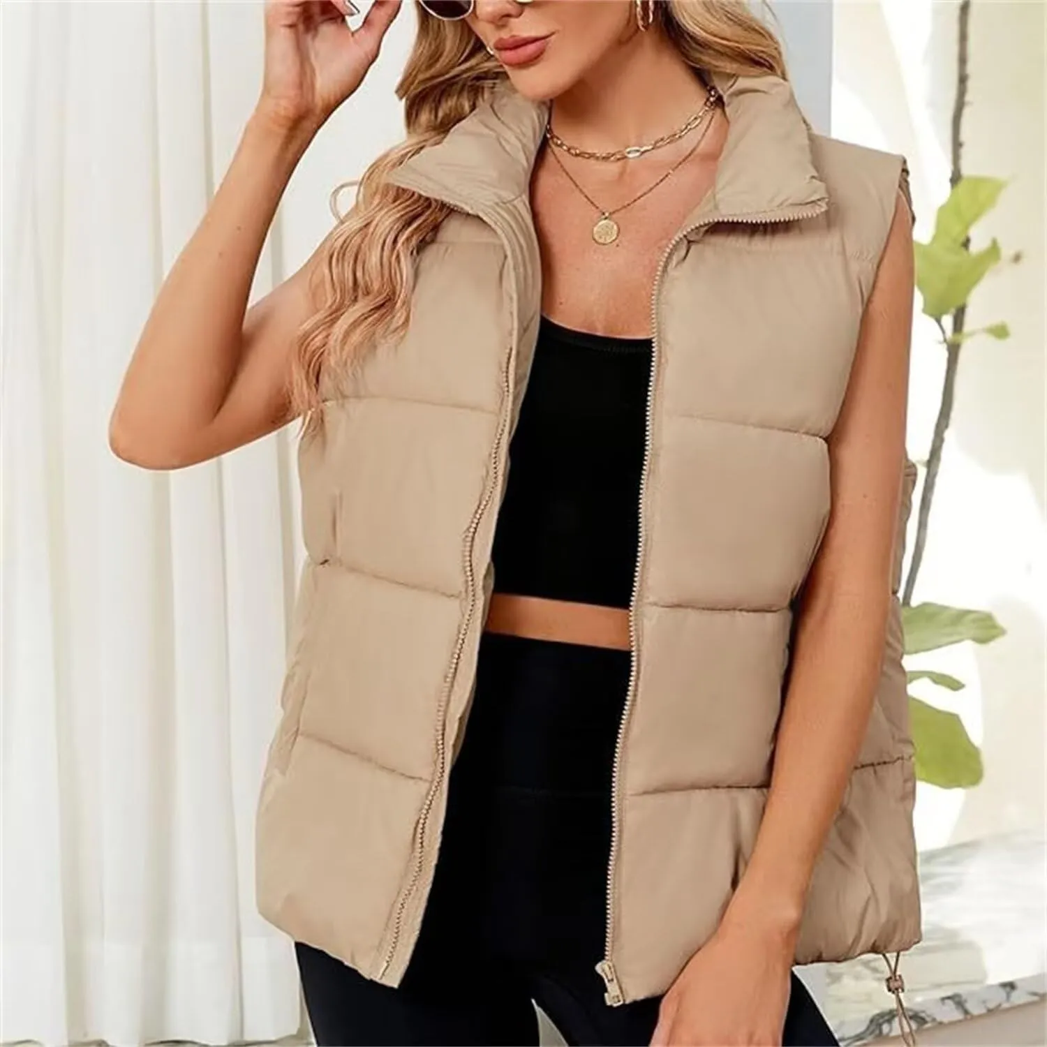 Women's Winter Sleeveless Padded Jacket Medium Long Standing Collar Warm Cotton Vest Thicken Waistcoat