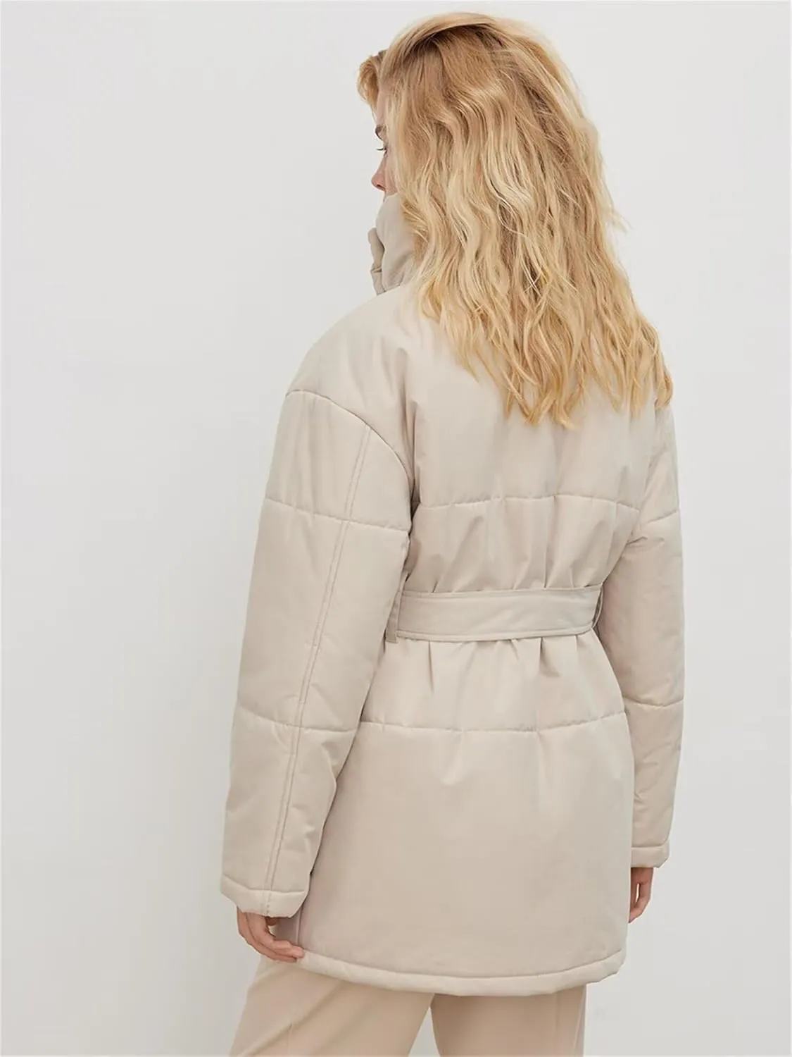 Women's Winter Stand Collar Irregular Cutting Puffer Coat Fashion Solid Color Long Sleeve Warm Cotton-Padded Jacket