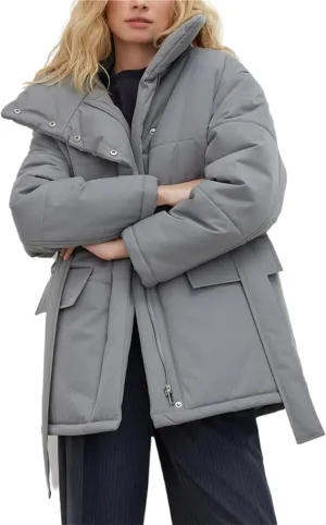 Women's Winter Stand Collar Irregular Cutting Puffer Coat Fashion Solid Color Long Sleeve Warm Cotton-Padded Jacket