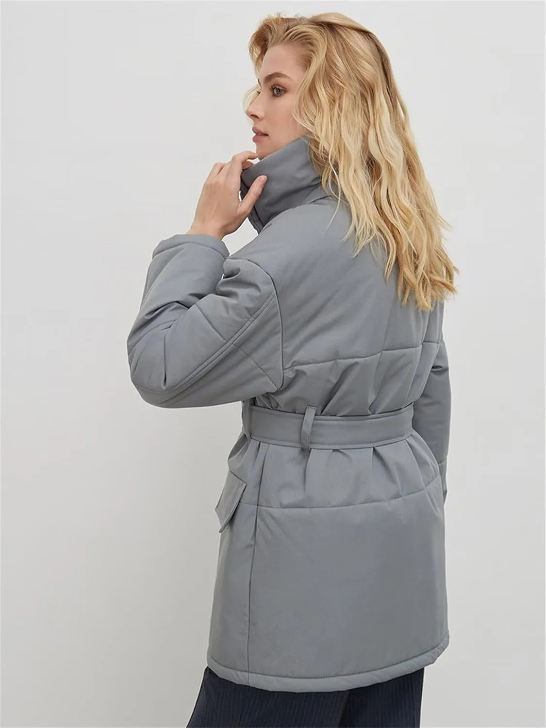Women's Winter Stand Collar Irregular Cutting Puffer Coat Fashion Solid Color Long Sleeve Warm Cotton-Padded Jacket