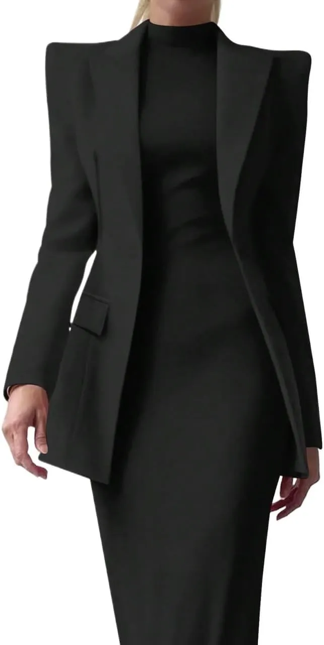 work blazers for women Solid Color Wear Padded Shoulder Long Sleeve Blazer