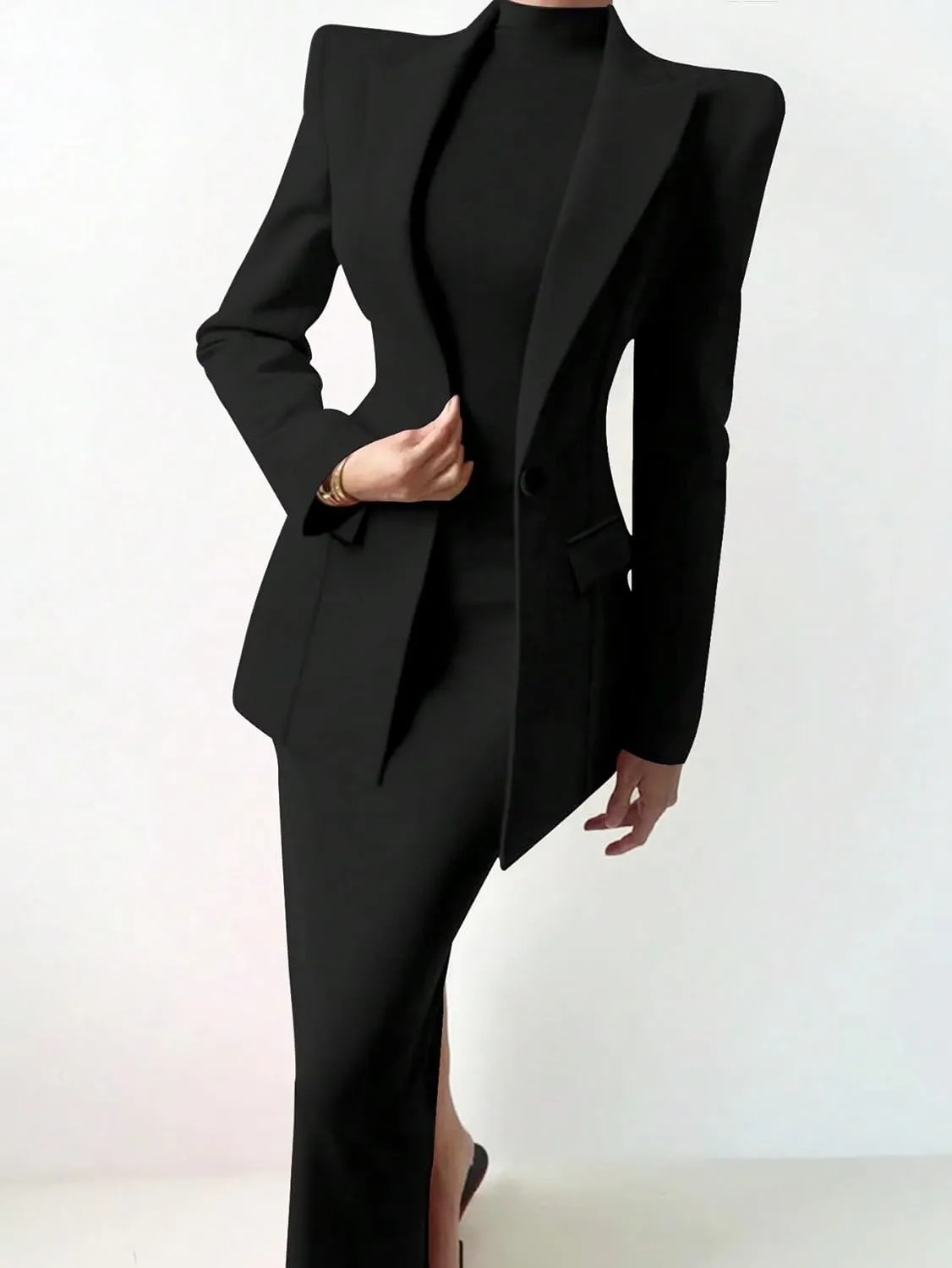 work blazers for women Solid Color Wear Padded Shoulder Long Sleeve Blazer